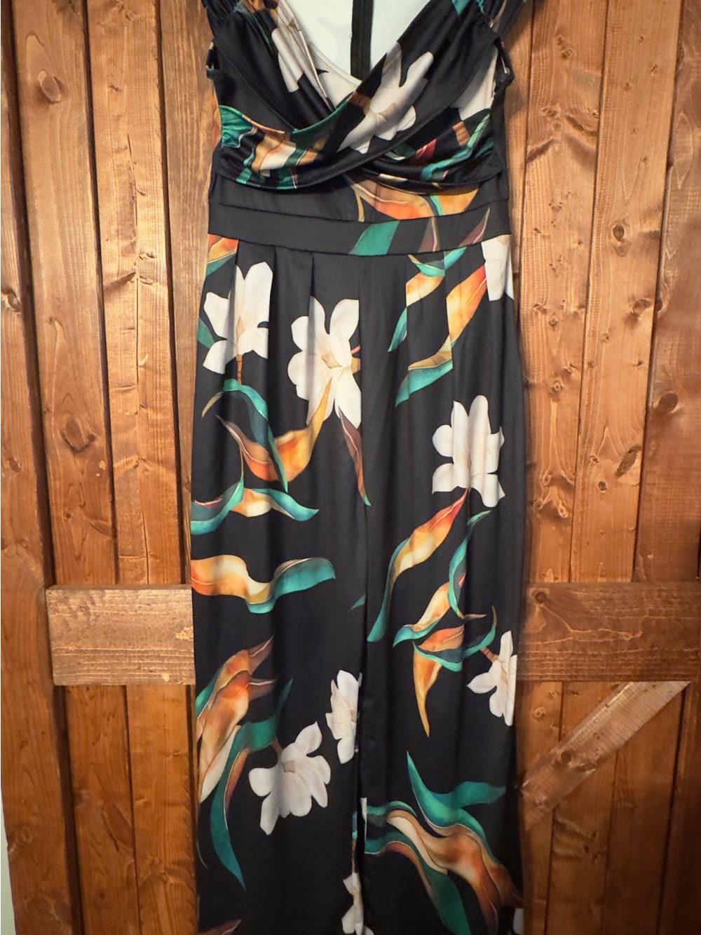Black Floral Pantsuit/Jumpsuit with Green and Orange Accents